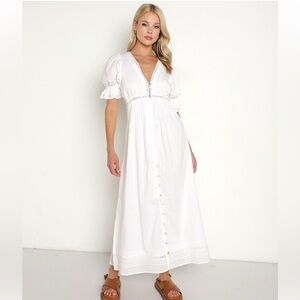 Cleobella White Maxi Sundress with Puff Sleeves and Tie Front